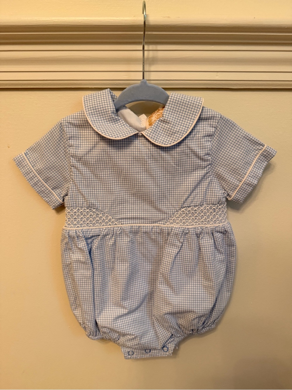 Beaufort Bonnet Blue Gingham Smocked Onesie 6/12M